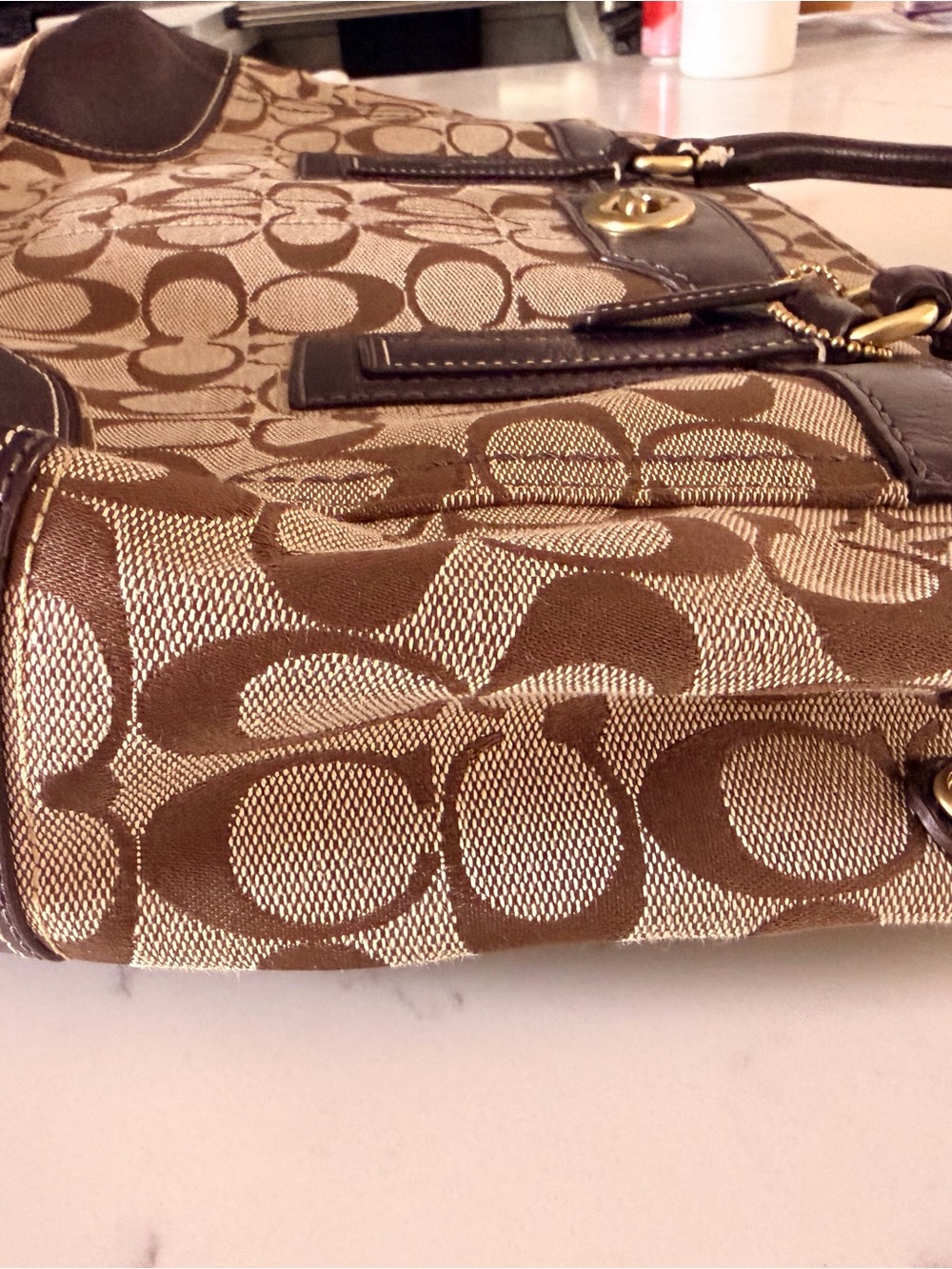 Coach Brown Signature Canvas Tote with Dark Brown Leather Trim and Gold Hardware - Picture 2 of 3
